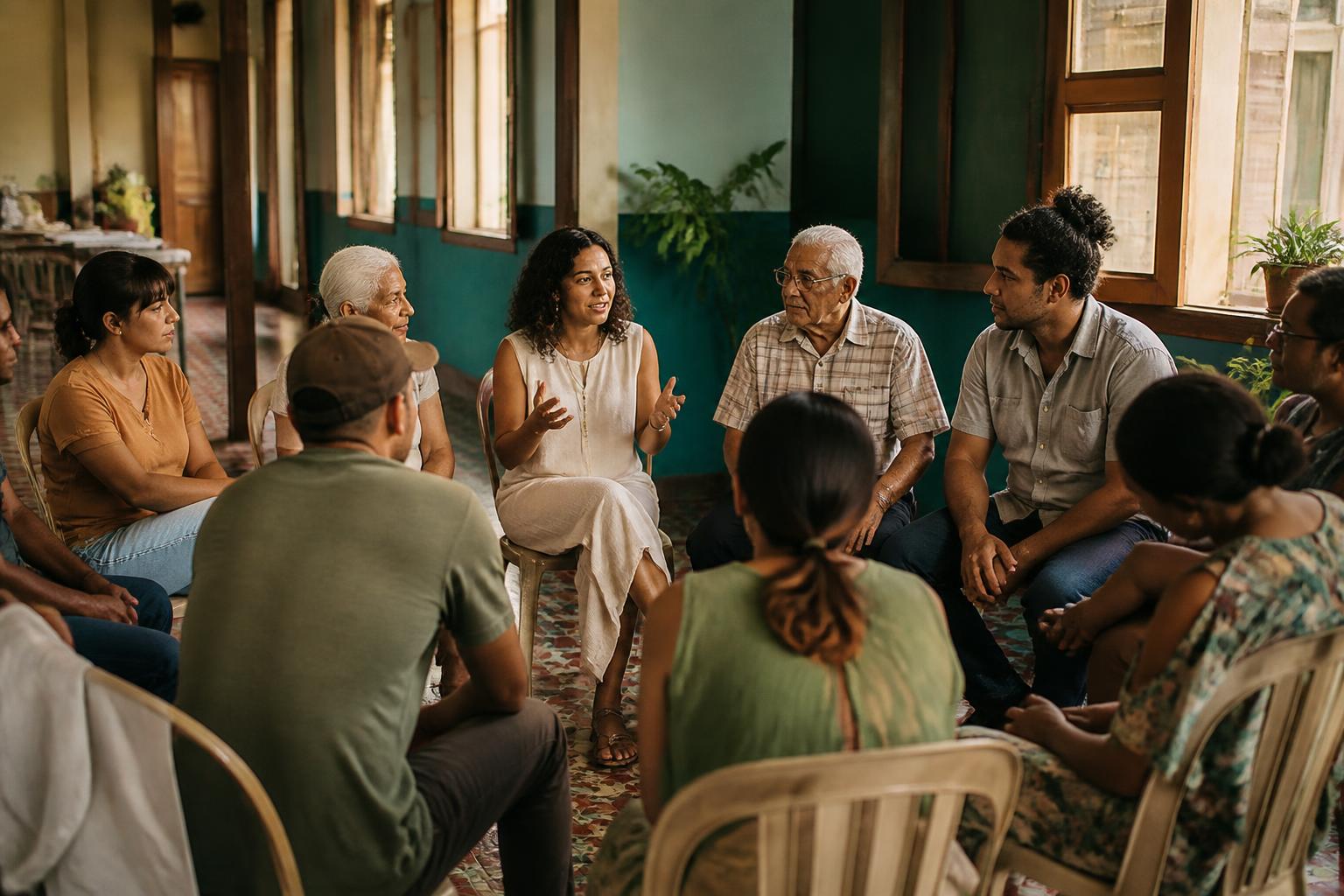 Asamblea cooperativa puertorriqueña conversando en círculo