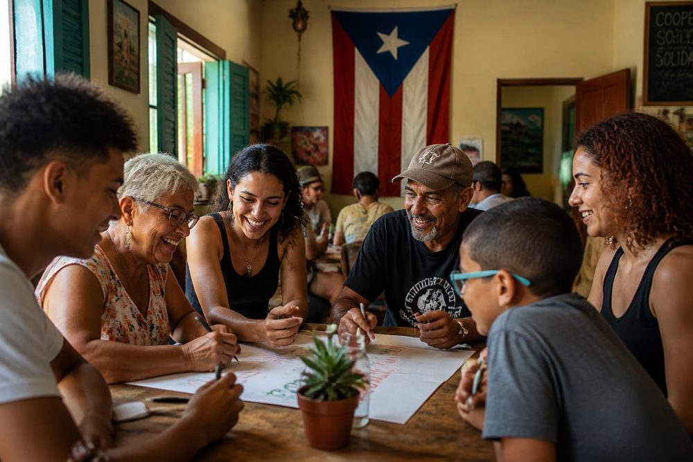 Miembros de una cooperativa puertorriqueña colaborando en comunidad